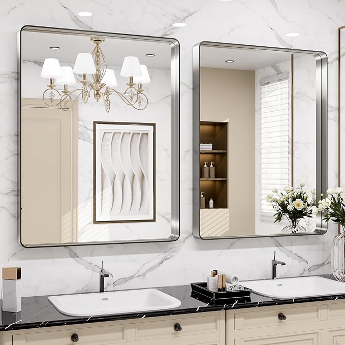 LOAAO 30X36 Inch Brushed Nickel Bathroom Mirror, Rounded Rectangle Silver Metal Frame Mirror, Brushed Nickel, Anti-Rust, Shatter Proof, Hangs Horizontally or Vertically