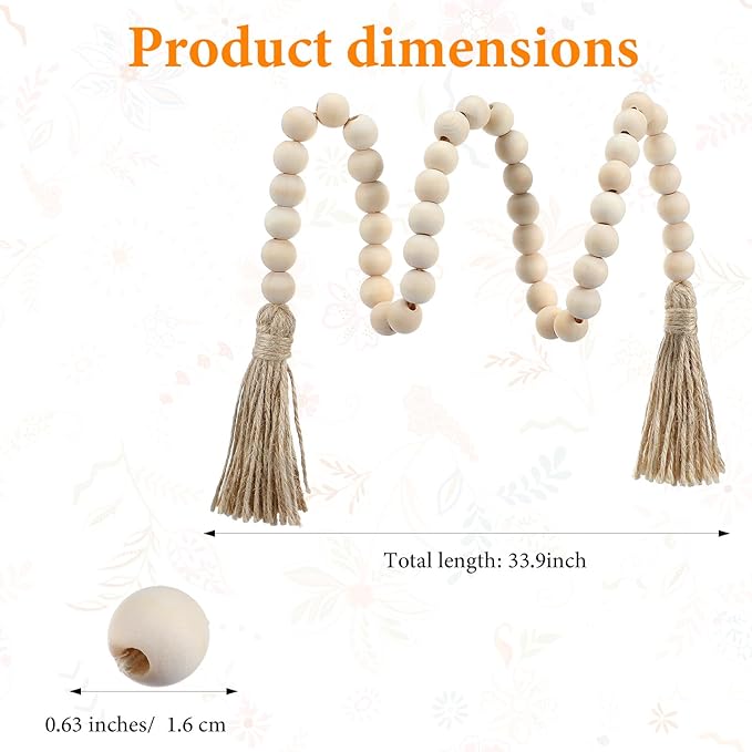 Boho Decor Wood Beads Garland with Tassels Farmhouse Wall Hanging Decorations Natural Wooden Tassel Decorative Room Hanging for Coffee Table Christmas and Prayer(Wood Color, 50inch)
