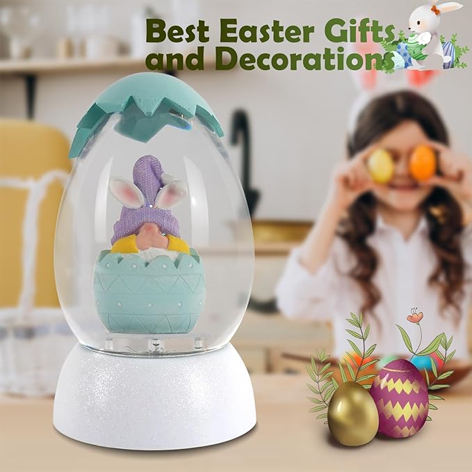 Gnome Easter Snow Globe, Easter Bunny Snow Globe Eggs Spring Decor with Swirling Glitter, 6H Timer, USB or Battery Powered, Speak No Evil Gnome Snowglobe for Tabletop Decor Gift 7.4 Inch (Blue)