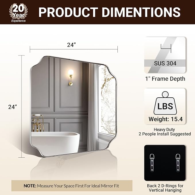 ANDY STAR 24"x24" Chrome Mirror, Polished Nickel Square Mirror for Wall, Scalloped Bathroom Mirror in Anti-Rust Stainless Steel Frame, Unique Notched Corner Designed Ideal for Home Remodel