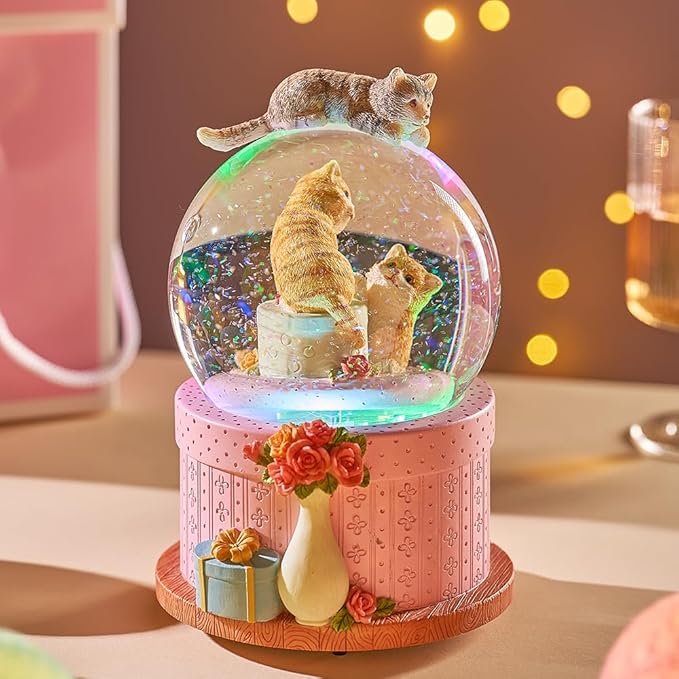 LOVE FOR YOU Gift Wrapped Music Box Cat Lovers Flower Basket Musical Snow Globe Decoration for Girls and Women Kids Niece Sister Daughter Mom Granddaughter Grandma Christmas Birthday Present