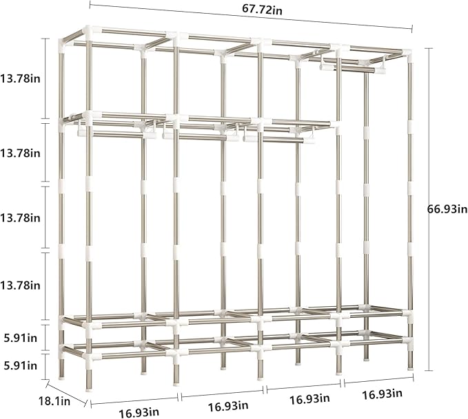 Large Portable Wardrobe with 4 Hanging Rods and Drawers, Armoire, Metal Storage Wardrobe Hangers, Upgraded Grey Non-Woven Dust Cover for Handing Closet,Large Closets for Bedroom