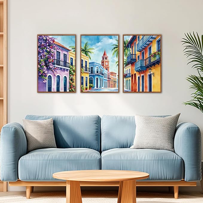 KAlRNE Vintage Cityscape Framed Canvas Wall Art Set of 3(16”X24”),Watercolor Street Scenery Wall Decor,Colorful Tropical Building Painting,Texture Botanical Art Prints For Living Room Bedroom Office