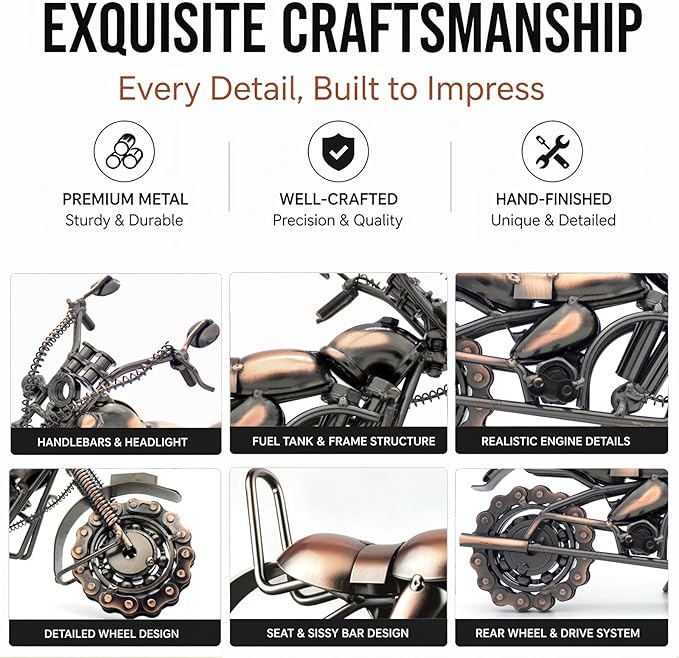 Motorcycle Gifts for Men & Women Bikers, 11.8" Handmade Metal Motorcycle Model, Vintage Motorcycle Decor for Man Cave, Garage, Home & Office