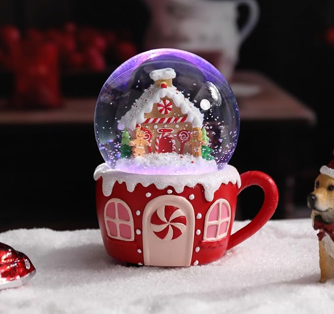 Christmas Snow Globe Musical Gingerbread Men House Christmas Tree Water Snow Globes with 7 Colors Light Change Music Box Home Christmas Decor for Kids