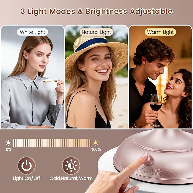VESAUR Lighted Makeup Mirror Rose Gold Nickel, Double Sided 1X/10X HD Undistorted Magnifying Mirror, 8.5" Vanity Mirror with 3 Colors Dimmable 90 Bright LEDs, 360°Swivel Two Power Supply, Luxury Gifts