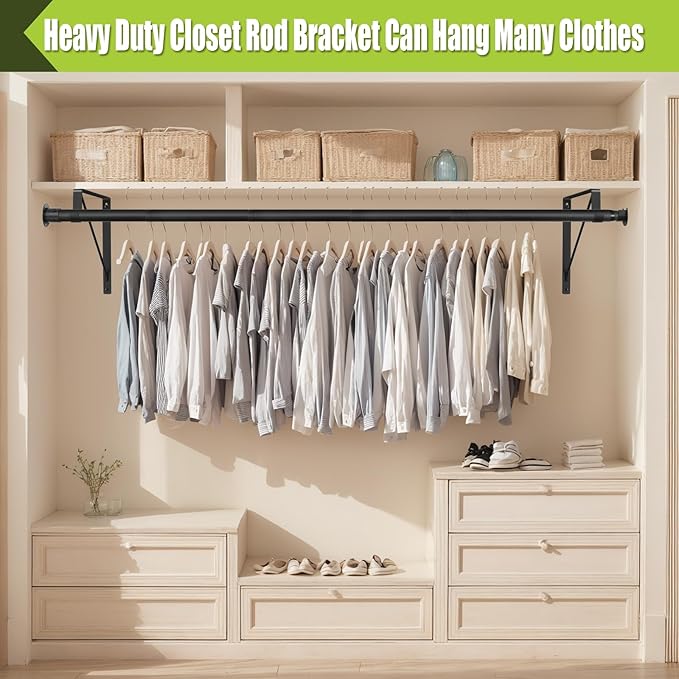 Closet Rod, 17 to 87 Inch Closet Rods 1.3 Inches Heavy Duty Closet Rod Adjustable Closet Rod Closet Rods for Hanging Clothes and Heavy Duty Clost Rod Bracket Closet Rod Support (Black)