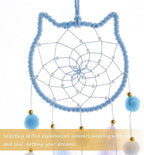 Pretty Jolly Blue Cat Kids Dream Catcher Wall Decor Pompom Feather Baby Dreamcatcher Handmade Children Dream Catcher Home Décor Wall Hanging for Nursery Bedroom Boys Girls Birthday Gift-25.6in