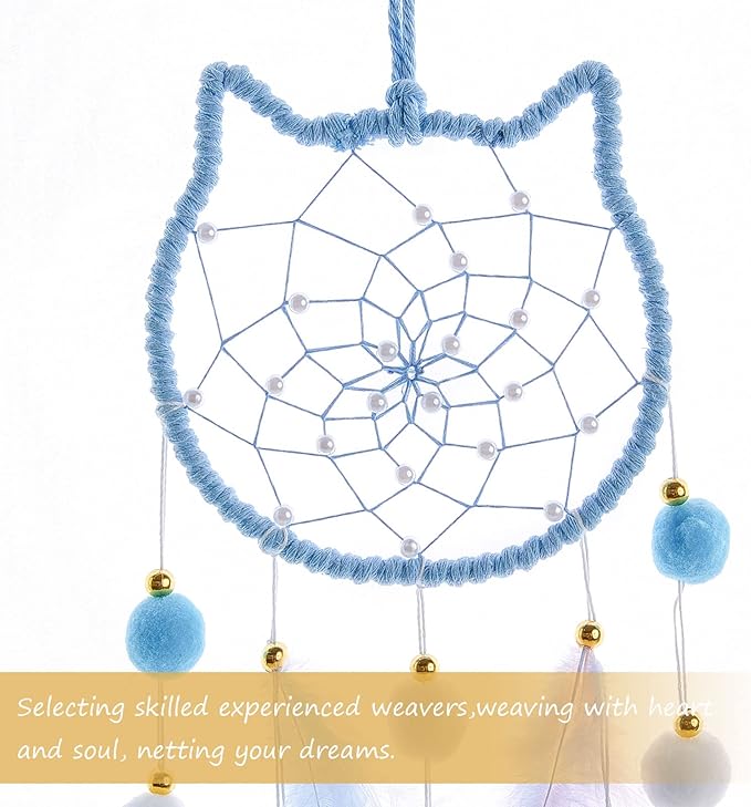 Pretty Jolly Blue Cat Kids Dream Catcher Wall Decor Pompom Feather Baby Dreamcatcher Handmade Children Dream Catcher Home Décor Wall Hanging for Nursery Bedroom Boys Girls Birthday Gift-25.6in