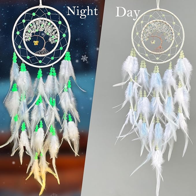White Dream Catcher Wall Decor Crystal Tree of Life Dream Catchers with Luminous Bead Handmade Feather Dreamcatcher Wall Hanging Ornament for Bedroom Living Room Home Decor