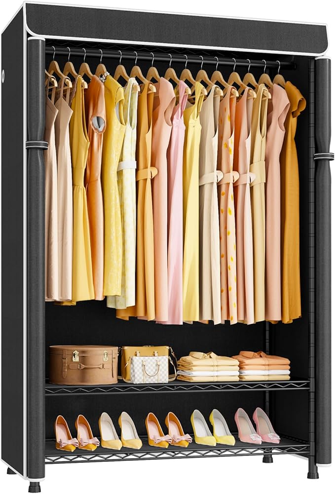 H5C Plus Clothes Rack with Cover, Portable Closet for Hanging Clothes, Covered Clothing Racks Heavy Duty, 3-Tiers Garment Rack with Shelves Max Load 370LBS Black Closet Rack with Black Cover