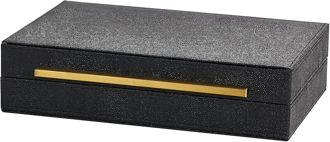 Kingflux Black Shagreen Leather Decorative Box, Storage Box Jewelry Organizer, Woment&Men's Accessory Organizer With Matt Golden Stainless Steel Handle (Black)