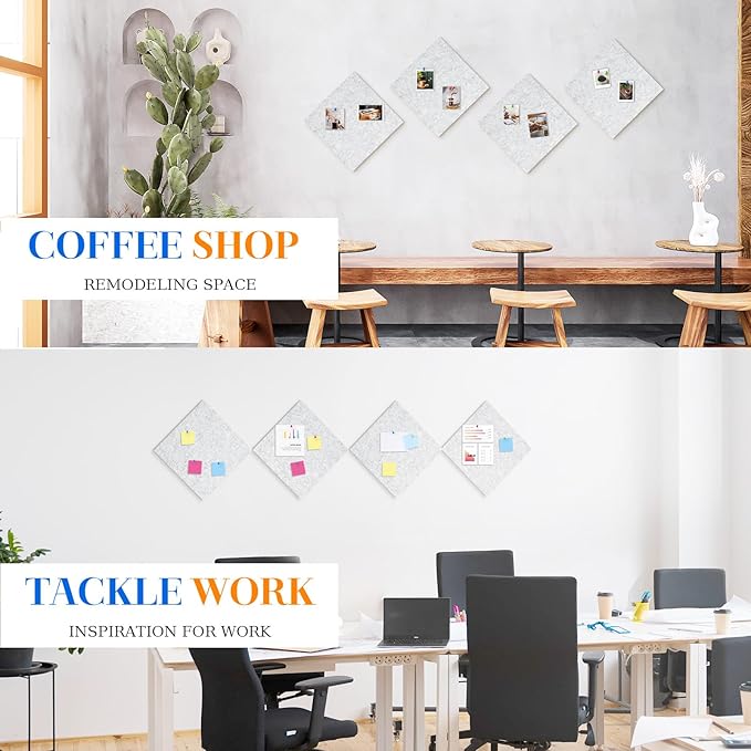 DOLLAR BOSS Felt Cork Board Tiles, 4 Packs 12" x 12" 1/2" Thick Cork Bulletin Board Self Adhesive Acoustic Panels Soundproof Corkboards for Walls with 40 Pushpins for Home Office School, Light Grey