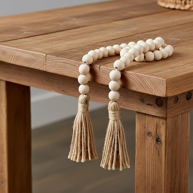 Boho Decor Wood Beads Garland with Tassels Farmhouse Wall Hanging Decorations Natural Wooden Tassel Decorative Room Hanging for Coffee Table Christmas and Prayer(Wood Color, 50inch)