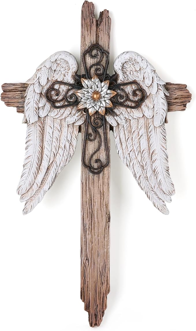 BC Home Decor Angel Wings Crosses Wall Décor, 12" H Angel Decoration Gifts For Women, Rustic Decor Style, Inspirational Wall Sculpture, Hand Painted by Buildclassic