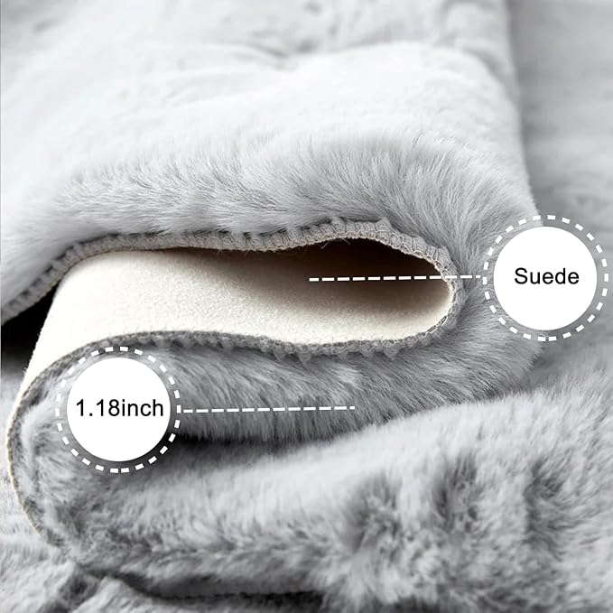 Ghouse Ultra Soft Faux Rabbit Fur Rug, Machine Washable Area Rugs for Bedroom Fluffy Rugs for Living Room, No-Shedding Carpet Sheepskin Rug Grey 2 x 6 Feet