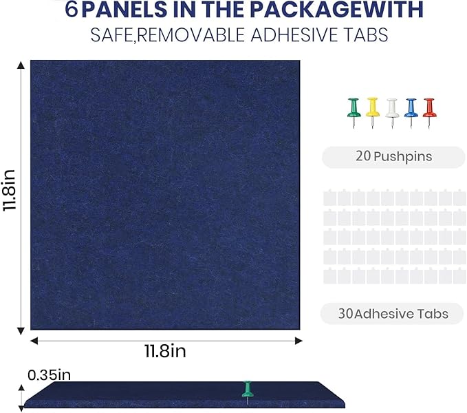 Large Cork Board Alternative 36" X 24" Bulletin Board - 6 Pack Removable Felt Wall Tiles with 20 pushpins, Large Cork Boards for Walls Cork Board for Office Pin Board Tack Board - Denim Blue