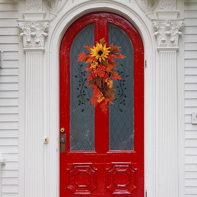 21.7Inch Artificial Fall Harvest Teardrop Swag for Front Door Orange Maple Faux Fall Leaves Hanging Vine with Pinecone Sunflower Harvest Autumn Floral Swag for Home Wall Decor