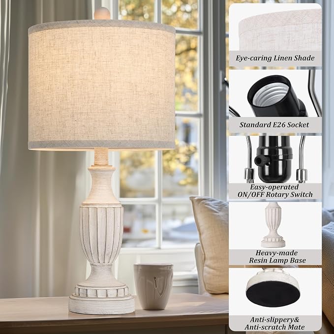TOBUSA 22“ Farmhouse Table Lamps Set of 2, White Rustic Vintage Table Lamps for Living Room Bedroom, Antique Bedside Desk Lamps with Linen Shade, Traditional Resin Nightstand Lamp Sets for End Table
