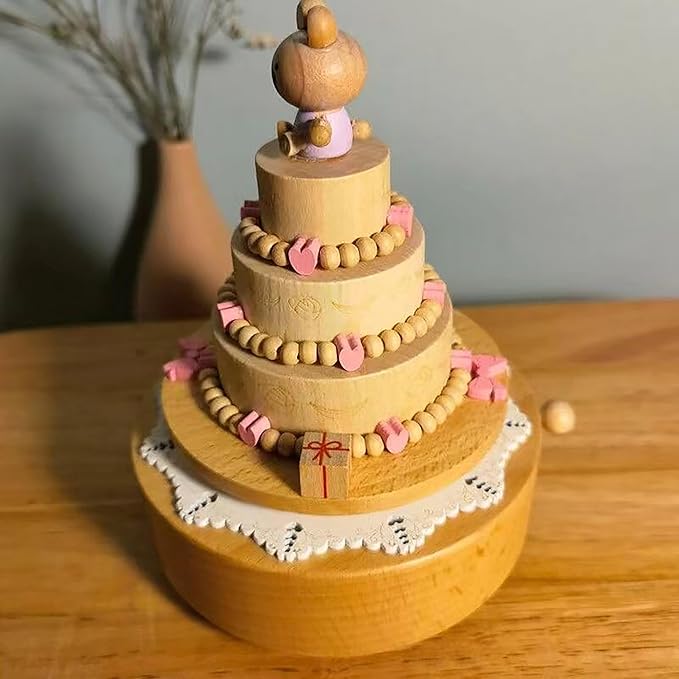 Natural Solid Wood Handcrafted Beech Wooden, Musical FigureTotoro/Carousel/Fairy/Ballerina Figurine,Rotating Hand Crank Mechanism Music Box,Musical Decorations (Cute Little Bear's Birthday Cake)