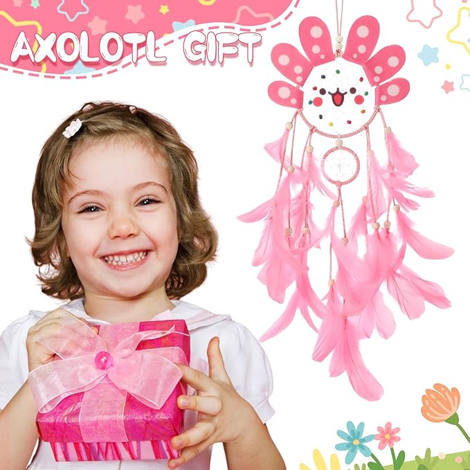 Geelin Axolotl Dreamcatcher Wall Decor Cute Animal Wall Hanging Dreamcatcher with Feather Axolotl Birthday Party Handmade Gifts for Girls Room Bedroom DIY Decor