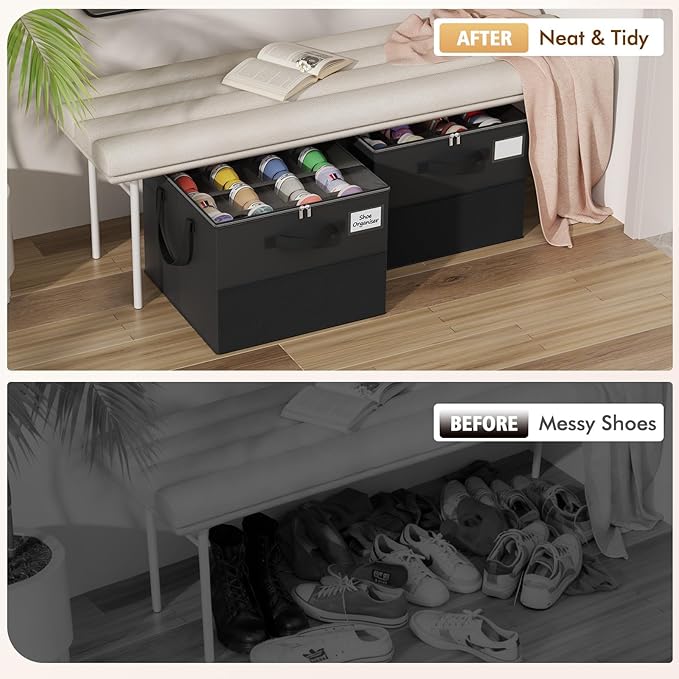 2 Pack Shoe Organizer for Closet, Large Shoe Box Storage Containers, Foldable Shoe Storage Organizer Box Bin with Adjustable Dividers and Clear Cover, Space Saving Shoes Holder, Black