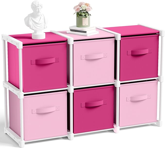 6 Cube Storage Organizer with Shelf Back to School Boxes 11 Inch Toy Storage Bins Closet Organizers Drawers Fabric Dresser for Playroom Books Bedroom Dorm Kitchen (Pink,Rose)