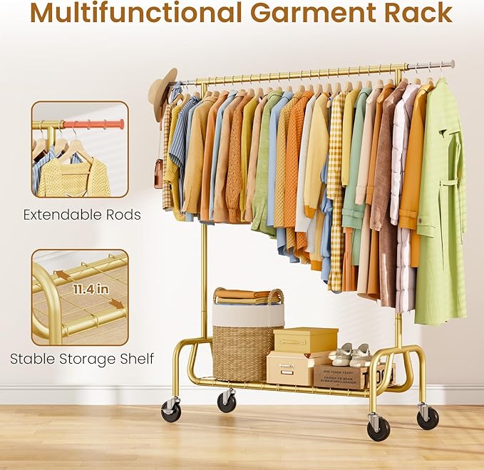 Heavy-duty Clothing Rack with Wheels, Rolling Clothes Rack, Clothes Racks for Hanging Clothes, Metal Standing Garment Racks, Gold