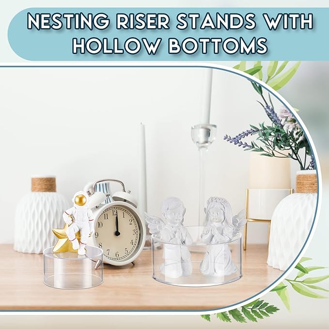 Jerify 6 Pcs Acrylic Risers Display Stands, 5.91'' 5.12'' 3.54'', Clear Round Nesting Pedestal Shelf with Hollow Bottom for Tabletop Jewelry Display, 3 Sized