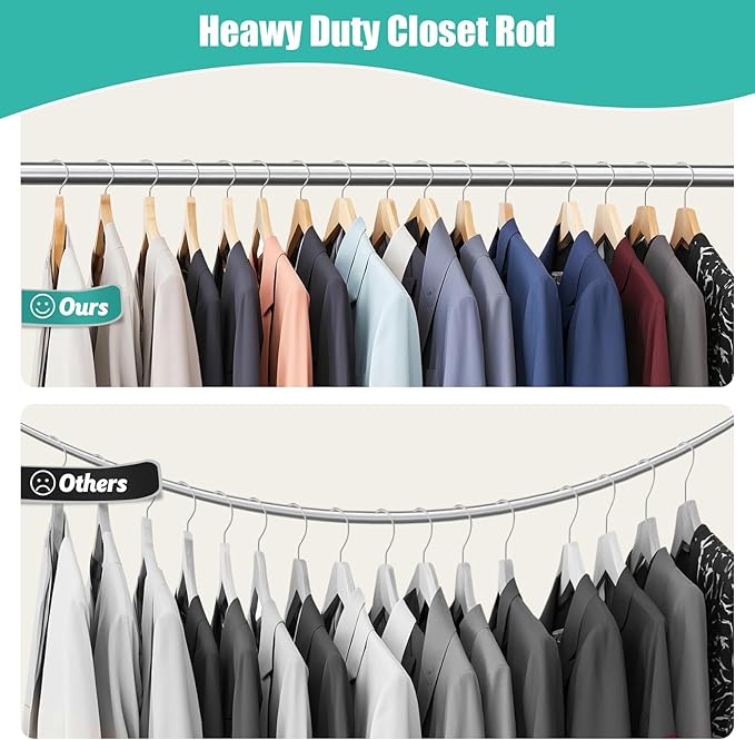 Closet Rod, 16 to 87 Inch Closet Rods Heavy Duty Adjustable Wardrobe Poles for Hanging Clothes and Heavy Duty Bracket Closet Pole Support (The Shelf NOT Included)(Silver)