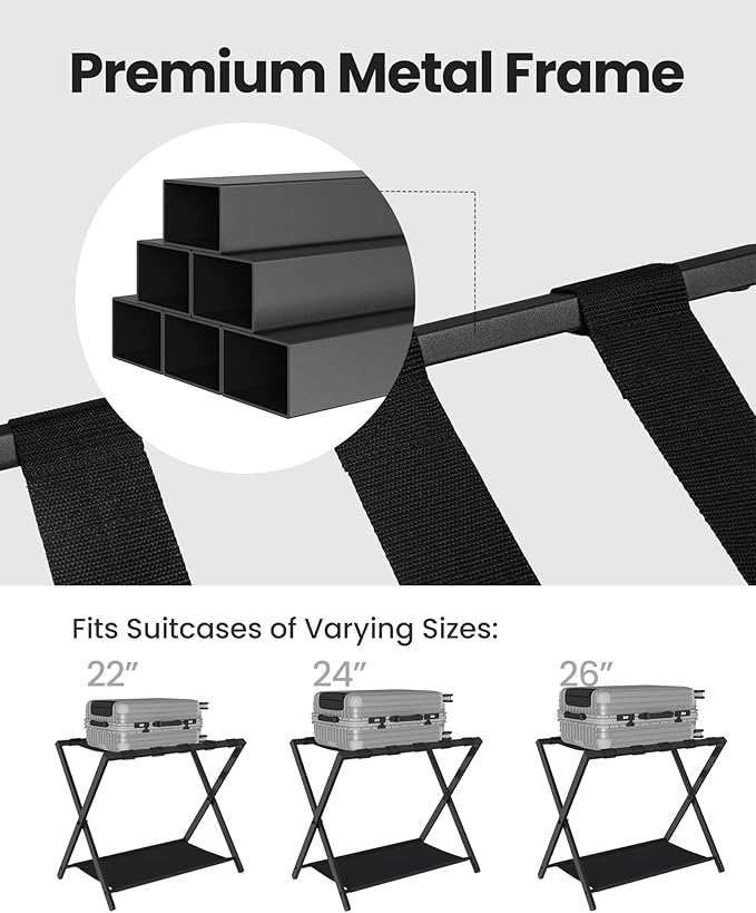 Luggage Rack, Folding Suitcase Stand for Guest, Foldable, Luggage Holders with Shelf, Steel Frame with Nylon Straps for Bedroom, Hotel, Holds up to 154 lb, Black, 2 Pack LR03901B