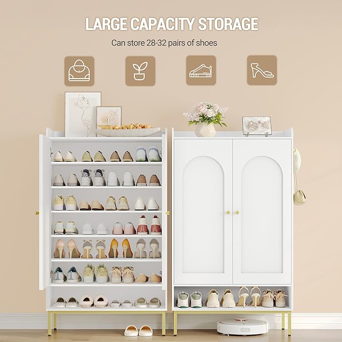 Shoe Cabinet with Doors, 7-Tier Shoe Storage Cabinet with Adjustable Shelves, Wooden Shoes Organizer Cabinets with Top Storage Layer, 28-32 Pairs, for Entryway, Hallway, White SR68703A