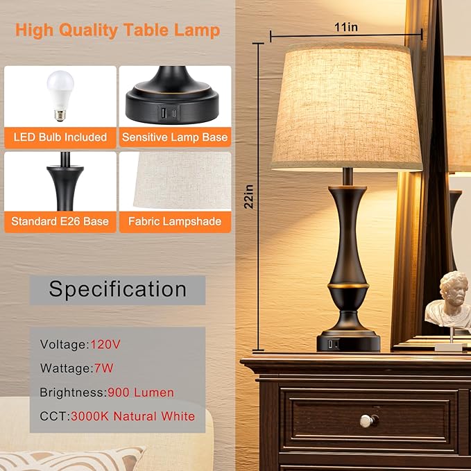Seealle Upgraded Touch Lamps for Night Stands Set of 2 - Bedside Lamps with USB C+A, 3 Way Dimmable for Bedroom Living Room End Tables Office