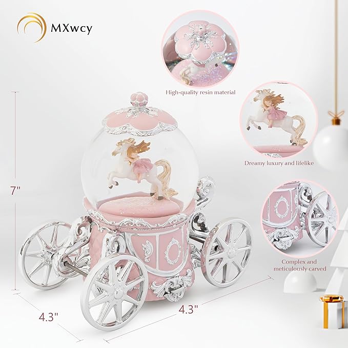 Unicorn Snow Globe Music Box, 7" Pink Light Up Musical Snow Globe for Girls, Christmas Snow Globes for Mom Grandma Wife Women, Princess Carriage Birthday Valentines Gifts Home Decor