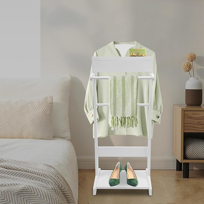 Suit Valet Stand for Men and Women, Wood Valet Stand with Drawer, Tray, Shoe Shelf and Suit Rack, Freestanding Clothes Rack Storage Organizer for Entryway Office Living Room, White