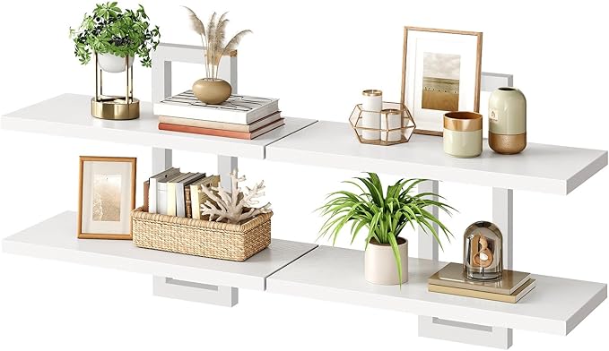 HOOBRO Floating Shelves, 15 Inch Wall Shelf Set of 2, Wall Mounted Storage Shelves 2-Tier, Hanging Bathroom Shelves, for Living Room, Bedroom, Bathroom, Kitchen, White WW32BJ01