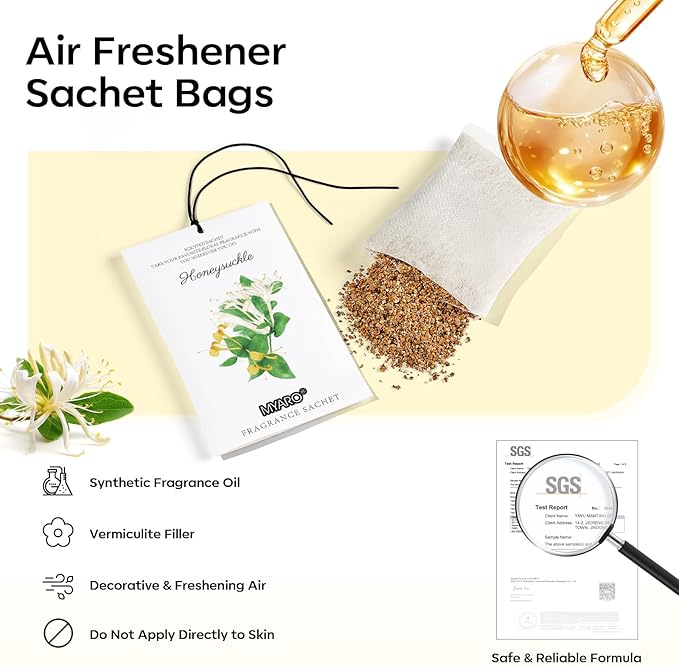 MYARO 12 Packs Honeysuckle Scented Sachets for Drawer and Closet, Long Lasting Air Freshener Fresh Scents Potpourri Bags Home Fragrance for Room Car Small Space