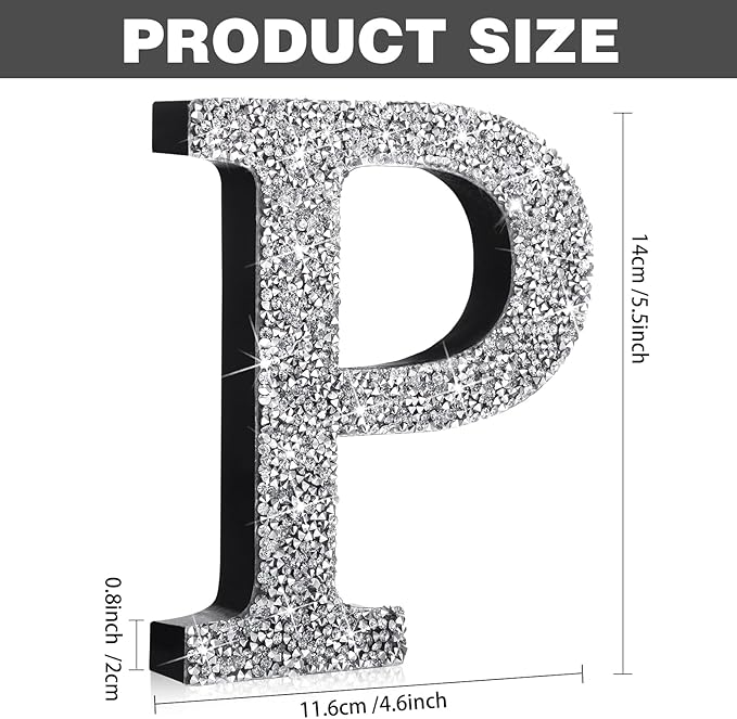Qunclay 5.7" Silver Crystal Diamond Bling Letters Crushed Diamond Decoration Wooden Glitter Letter with Screw and Hooks Rhinestone Gift for Wedding Y2k Mcbling Bedroom Wall Decor (Letter P)