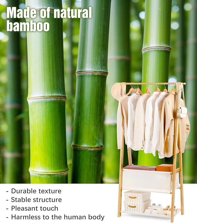 Bamboo Clothes Rack with Storage Box and Storage Shelf, Portable Extra Large Garment Rack Clothing Rack, Foldable Wardrobe For Entryway and Bed Room (S - 31.5 Inch)