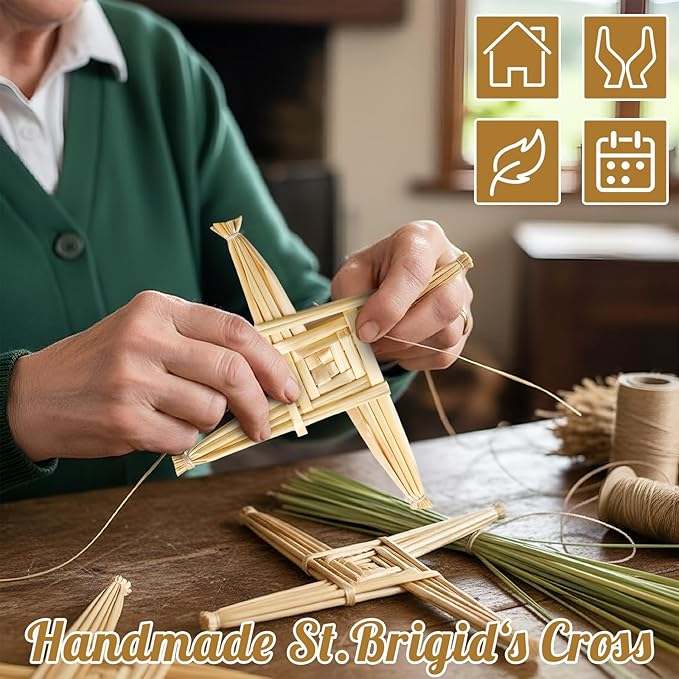 Kathfly 2 Pcs St. Brigid's Wall Cross and Card Irish Gift Saint Brigid's Cross History Card Irish Blessing Gift Ireland Hanging Wall Traditional Decor for Celtic Imbolc Home(6 in,Classic,Straw Color)