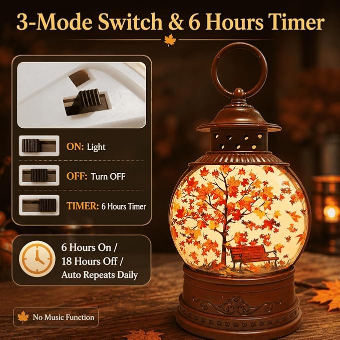 Fall Snow Globe Lantern with Swirling Maple Leaf Glitter 6H Timer Battery & USB Powered Fall Decor Autumn Snow Globe for Thanksgiving, Home, Tabletop Decoration