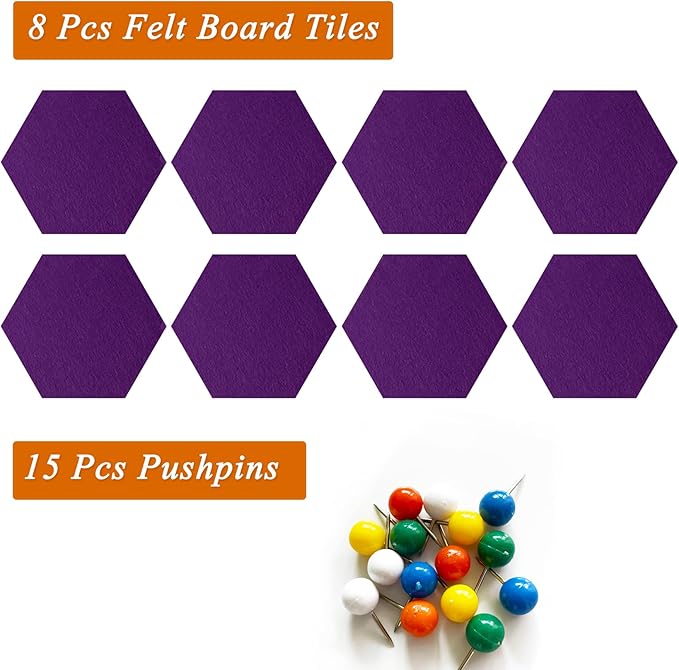8 Pcs Hexagon Felt Cork Bulletin Board Tiles, Self Adhesive DIY Bulletin Board Pin Board for Office School Home Wall Decor Memos Photos Display(Purple)