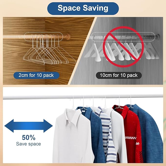 SPECILITE Wire Metal Clothes Hangers Bulk 50 Pack for Standard Size Suits, Coats, Shirts, Pants, Skirts, Space Saving, Non Slip,16 Inch 12 Gauge Ultra Thin, White