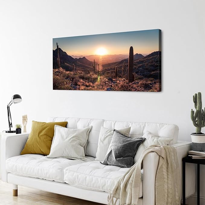 Mountain Wall Art Sunset Cactus Wall Decor Arizona Sonoran Desert Canvas Pictures Saguaro Landscape Photography Prints Western Nature Artwork for Living Room Bedroom Office Home Decoration 24x48"