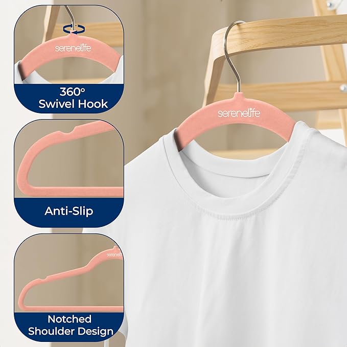 SereneLife 200 Pack Velvet Hangers - Non-Slip Felt Hangers with 360° Swivel Hook, Space-Saving, Ultra-Thin, Lightweight for Shirts, Sweaters, Hoodies, Kids Clothes & Dresses