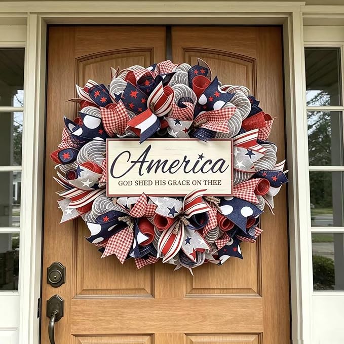 4th of July Decorations Outdoor Patriotic Wreaths for Front Door 250th Anniversary Decorations Red White and Blue American Flag Wreath (America 1)