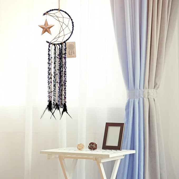 Dremisland Moon Dream Catcher Handmade Half Circle Moon Design Dream Catcher Feather Hanging with Star Home Decoration Ornament Festival Gift (Purple)