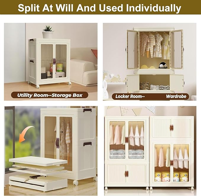 Portable Closet Wardrobe, Folding Storage Bins with Lid, Stackable Storage Box with Hanging Rod and Doors, Collapsible Plastic Clothes Cabinet with Wheels, 10 Hangers