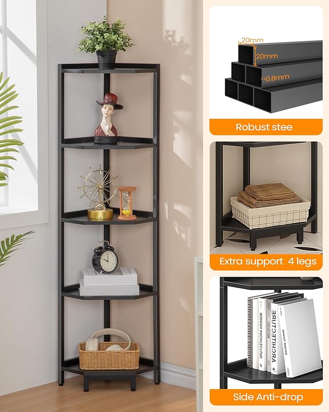Hzuaneri Corner Shelf Stand, Corner Bookshelf, Storage Standing Shelf Unit with Metal Frame, Plant Stand, Bookcase for Living Room, Home Office, Bedroom, 5-Tier Black CS05906B