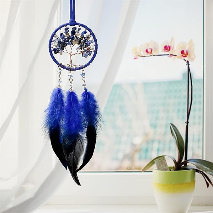 LOMOHOO Dream Catcher Car Rear View Mirror Pendant Car Charm with Crystal Beads Tree of Life Small Dream Catchers for Rearview Mirror Hanging Kids Bedroom Decor 3”Diameter (Blue)
